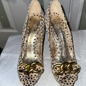 libby. edelman Gold and Cream Polka Dot Heels